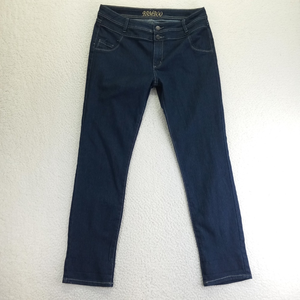 Bamboo Women Dark Wash Straight Leg Jeans Sz 15/16 Indigo Stretch Double Button